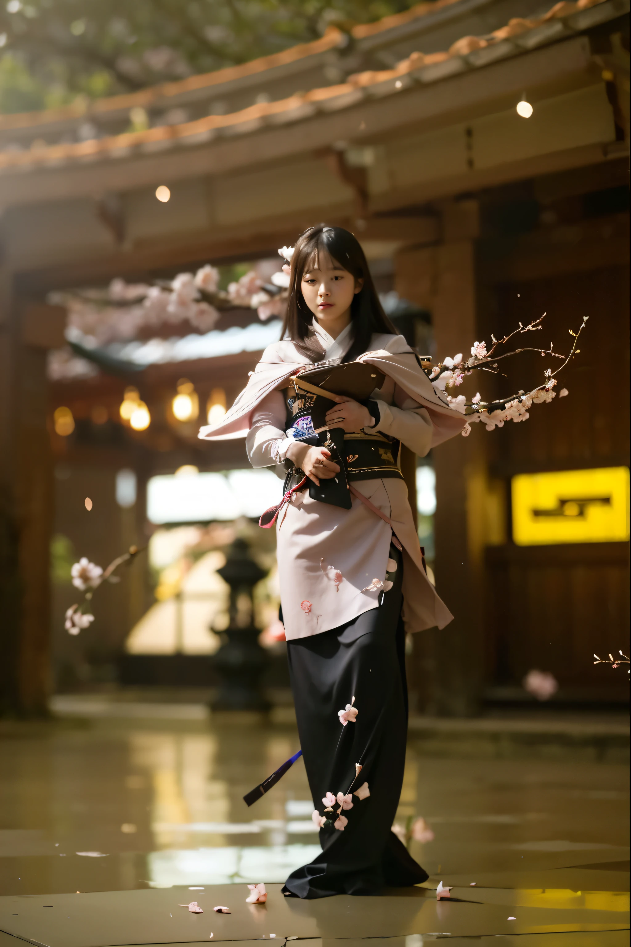 (Best quality, 8k, 32k, Masterpiece, UHD:1.2) Transform the setting into the majestic Grand Narukami Shrine from Genshin Impact, surrounded by a sea of Sakura Trees in full bloom. Picture the ethereal pink petals drifting gently on the breeze, creating a breathtaking canopy above the shrine's ancient architecture. The air is filled with the sweet fragrance of cherry blossoms, while the soft sunlight filters through the delicate branches, casting a warm glow over the serene surroundings. As you stand before the shrine, you can't help but feel a sense of reverence and awe at the beauty of nature and the tranquility of this sacred place. ((Japense Shrine)) ((Cherry Blossom))