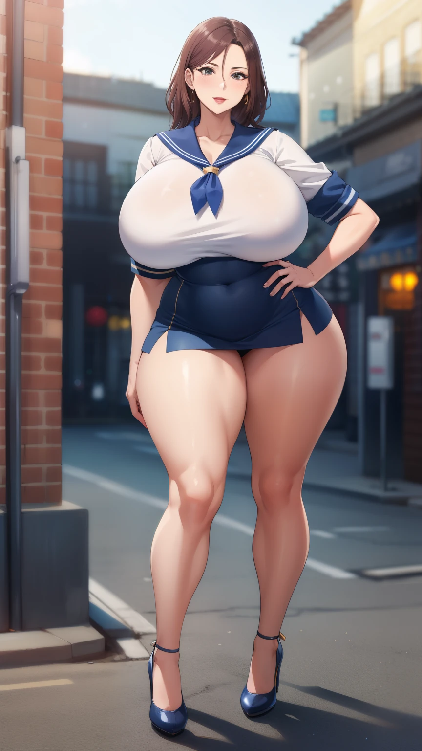 Big Breasts, Big Hips, Full Body Shot, Mature mother, Voluptuous thighs, ox, Seductive mature woman, Perfect body, Plus Size Model, Sailor suit, Wearing high heels,Miniskirt Uniform, 