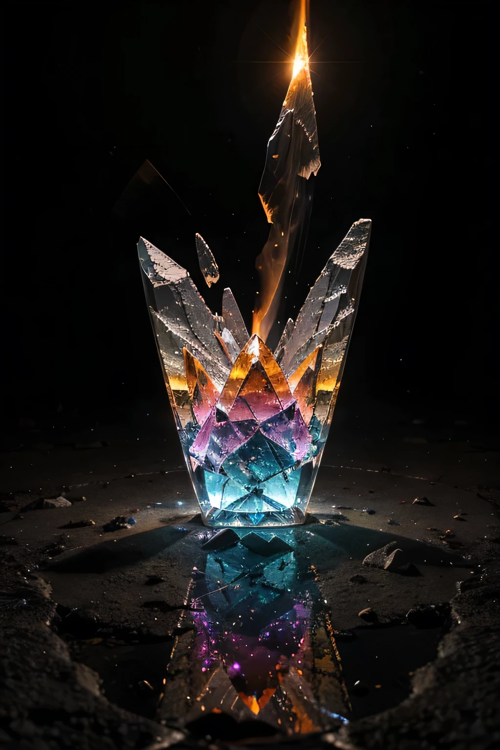 Create an ultra realistic image of crystals of various colors emerging from the ground bathed in water and illuminated by fire, reflecting the cosmos in their facets