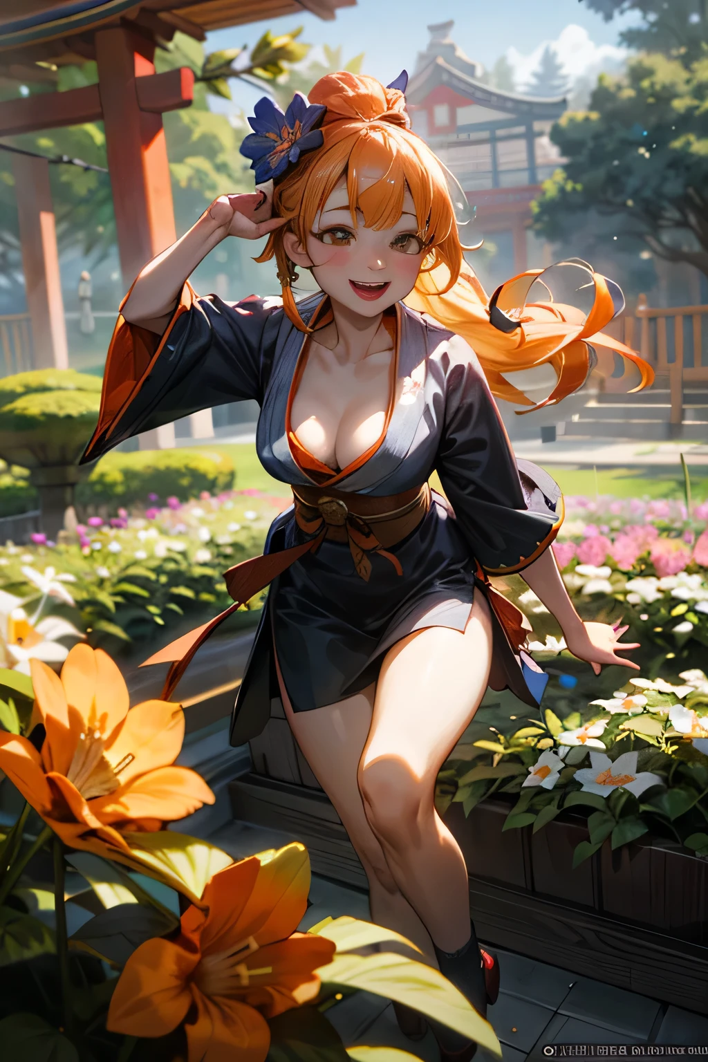 (best quality:1.2),(ultra detailed,highres,HDR,8k,3D,realistic,photorealistic,super fine,effects,official art,detailed background), (very happy smile,young,Japanese,detailed beautiful face), (Happy days),(round face,small face beauty), (dynamic pose:1.3), (head to thighs:1.3), (Black and orange shrine maiden outfit: 1.3), (cleavage, huge breasts), (orange ribbon with bell)(A garden with multiple flowers blooming, a secret garden:1.3), (colorful flowers:1.3)
