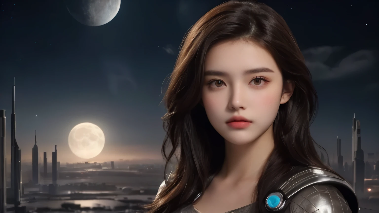 A beautiful woman. Dark brown hair. eighteen. She is looking at the camera with a serious expression. An image of a lunar city behind her.