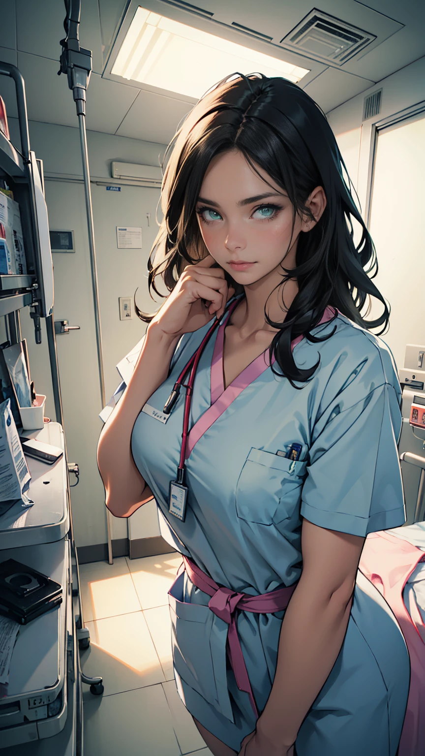 (masterpiece, Best quality, a high resolution, ultra detailed),(beautiful and aesthetically pleasing:1.2), 1 woman, adult woman, black wavy tousled hair, green eyes, lethargic look, tired look, gentle face,(slight smile:0.8), detailed eyes and face, perfect body, Whole body, Soft lighting, Whole body, complex parts, hospital atmosphere, hospital, hospital ward for treatment, is being treated in hospital, patient clothing, ache