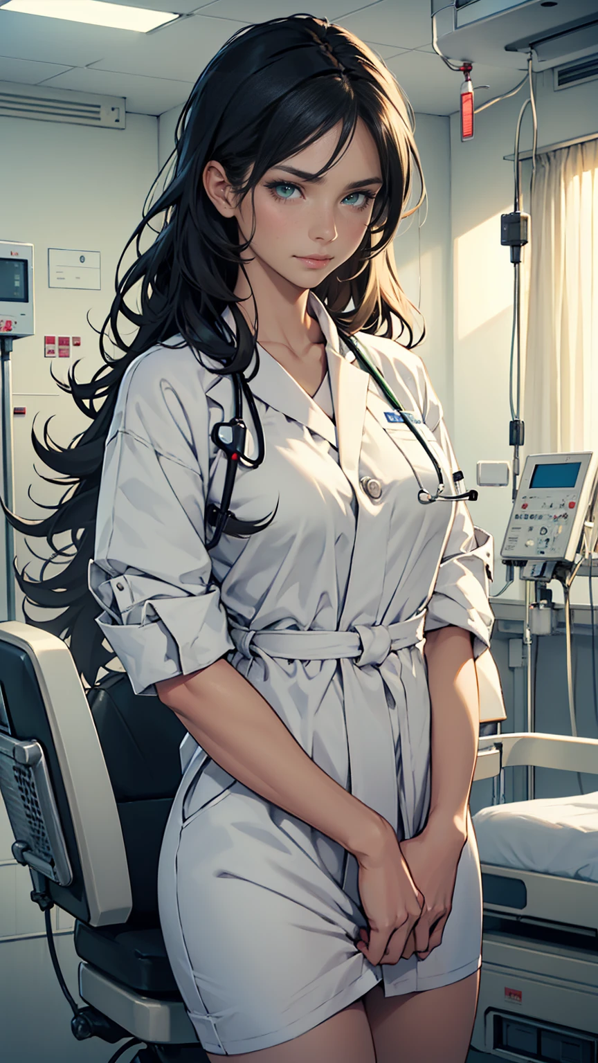(masterpiece, Best quality, a high resolution, ultra detailed),(beautiful and aesthetically pleasing:1.2), 1 woman, adult woman, black wavy tousled hair, green eyes, lethargic look, tired look, gentle face,(slight smile:0.8), detailed eyes and face, perfect body, Whole body, Soft lighting, Whole body, complex parts, hospital atmosphere, hospital, hospital ward for treatment, is being treated in hospital, patient clothing, ache