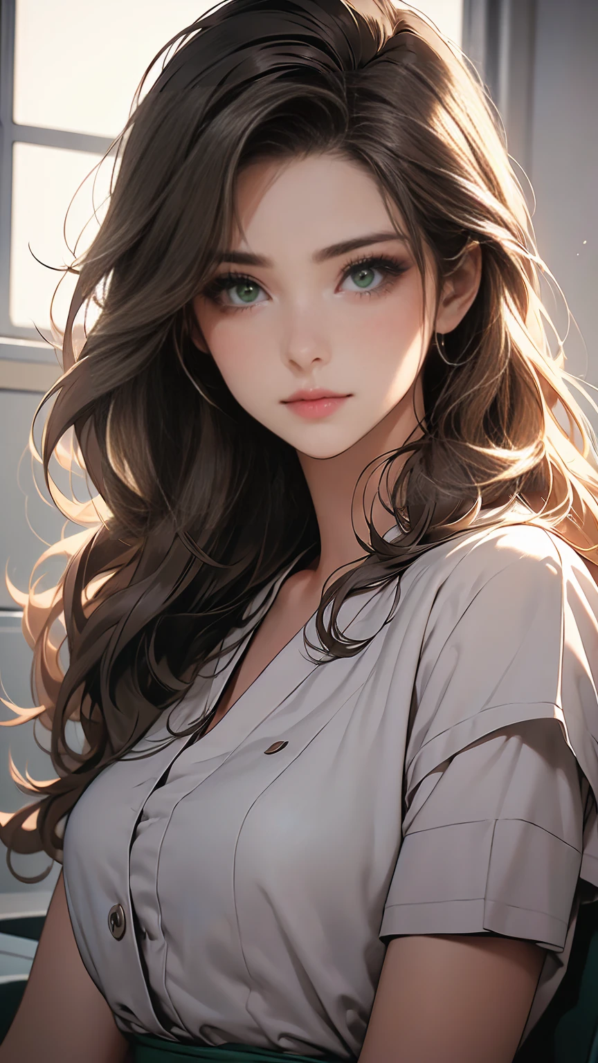  (masterpiece, Best quality, a high resolution, ultra detailed),(beautiful and aesthetically pleasing:1.2), 1 woman, adult woman, black wavy tousled hair, green eyes, lethargic look, tired look, gentle face,(slight smile:0.8), detailed eyes and face, perfect body, Whole body, Soft lighting, Whole body, complex parts, hospital atmosphere, hospital, hospital ward for treatment, is being treated in hospital, patient clothing, ache