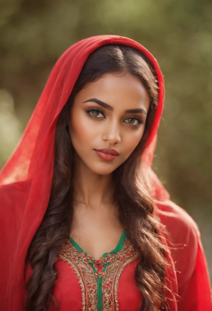 A beautiful exotic Ethiopian sexy girl with straight nose, brown glowing skin, long full curly hair, long lashes, mesmerizing green big eyes wearing red/cold arabic abaya hijab with soft glowing profesdional makeup, nude glossy lips.