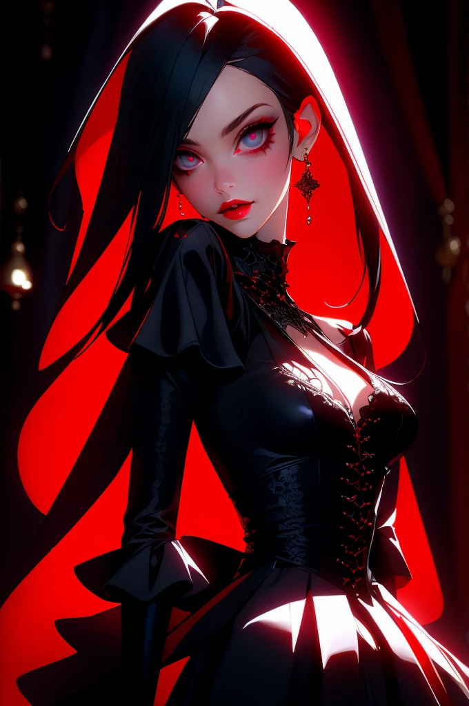 (mejor calidad, high resolution:1.2), ultra detallado, realista:1.37, gothic girl with beautiful eyes and detailed lips, dynamic pose, wearing red and black gothic fashion, in a gothic setting, con colores vivos, dramatic lighting, hdr, studio lighting, bokeh, capturing the essence of gothic fashion, detalles exquisitos en la tela, Sharp focus on intricate patterns, evoking a sense of dark romanticism, High definition resolution. ojos altamente detallados y hermosos.