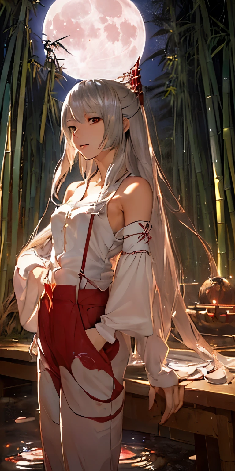 (masterpiece, best quality:1.3), (ultra detailed:1.3), (final fantasy artwork concept:1.5), (manga eyes + hair + clothes + body + face + colors + shoulders + eyes:1.3), (cinematic angle:1.3), Fujiwara no Mokou, Touhou Series, (anime, illustration:1.3), perfect face, expressive eyes, 1 girl, looking at viewer, ************, beautiful, anime, lora, (silver hair, long hair, white shirt, red pants:1.3), (look evil:1.5), (cinematic lighting, realistic, dream-like, enchanting atmosphere:1.5), (an old japanese mansion with moonlight leaking, in bamboo forest, midnight, big full moon:1.3), 