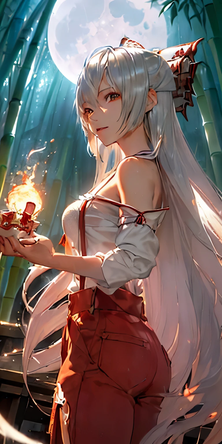 (masterpiece, best quality:1.3), (ultra detailed:1.3), (final fantasy artwork concept:1.5), (manga eyes + hair + clothes + body + face + colors + shoulders + eyes:1.3), (cinematic angle:1.3), Fujiwara no Mokou, Touhou Series, (anime, illustration:1.3), perfect face, expressive eyes, 1 girl, looking at viewer, 16 years old, beautiful, anime, lora, (silver hair, long hair, white shirt, red pants:1.3), (look evil:1.5), (cinematic lighting, realistic, dream-like, enchanting atmosphere:1.5), (an old japanese mansion with moonlight leaking, in bamboo forest, midnight, big full moon:1.3), 