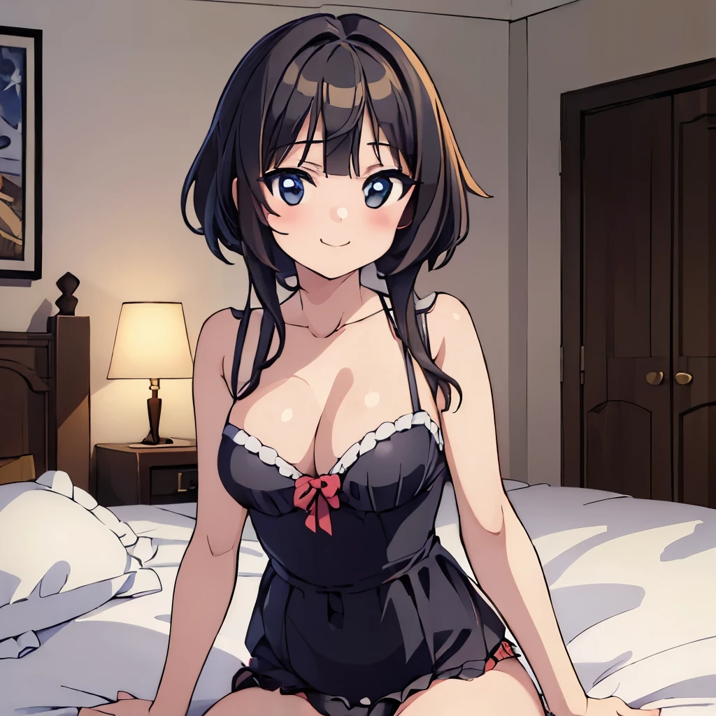 ((masterpiece)), ((best quality)), (ultra-detailed), anime style, on the bed, a cute girl, 1girl, solo,  ((beautiful eyes)), smile, beautiful black hair, underwear00