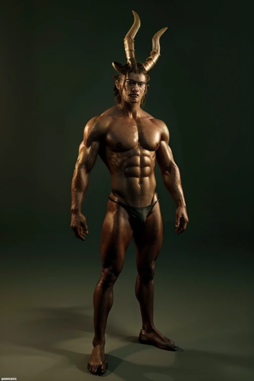low astral humanoid, full-body science fiction type, masculine in appearance, with strongly toned arms and legs, he is a being from the underworld but he does not instill fear, rather he is kind, affectionate, happy, with small horns on his head, he He has a gold trident that reaches to the ground,
On his neck he has a thick collar with his name "plovus", his abdomen protrudes a little, contains some fat, he does not have an animal tail, his body is reddish, his legs are covered with sheep's wool, he has no shirt for that reason his well defined pecs, 4k, 3d style, light green background.