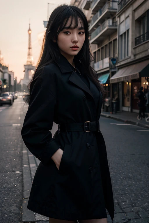 best quality,masterpiece,1girl of a Imaginative Korean Female Page, bunny hair,background is paris street,at sunset, using a black dior dress, black coat, elegant pose, Cel shaded,anaglyph effect,ultra high res,Extremely Detailed Official Unity 8K Wallpapers,ultra high res,ultra high quality,
