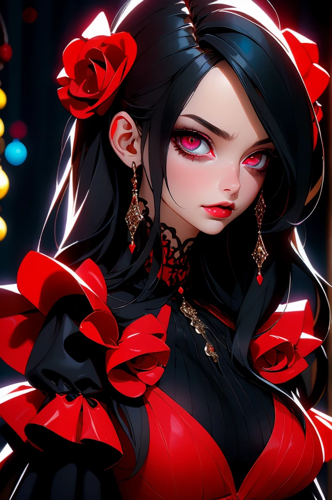 (mejor calidad, high resolution:1.2), ultra detallado, realista:1.37, gothic girl with beautiful eyes and detailed lips, dynamic pose, wearing red and black gothic fashion, in a gothic setting, con colores vivos, dramatic lighting, hdr, studio lighting, bokeh, capturing the essence of gothic fashion, detalles exquisitos en la tela, Sharp focus on intricate patterns, evoking a sense of dark romanticism, High definition resolution. ojos altamente detallados y hermosos.