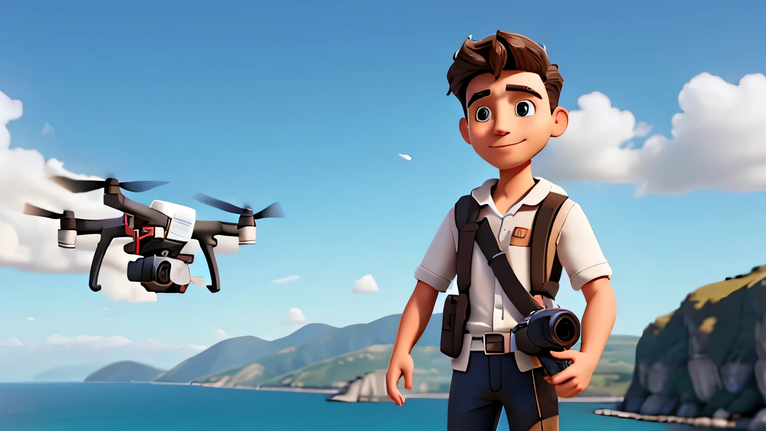 a man with his dji drone flying and camera in one hand, el dron que se vea bien y la persona sea piel latina