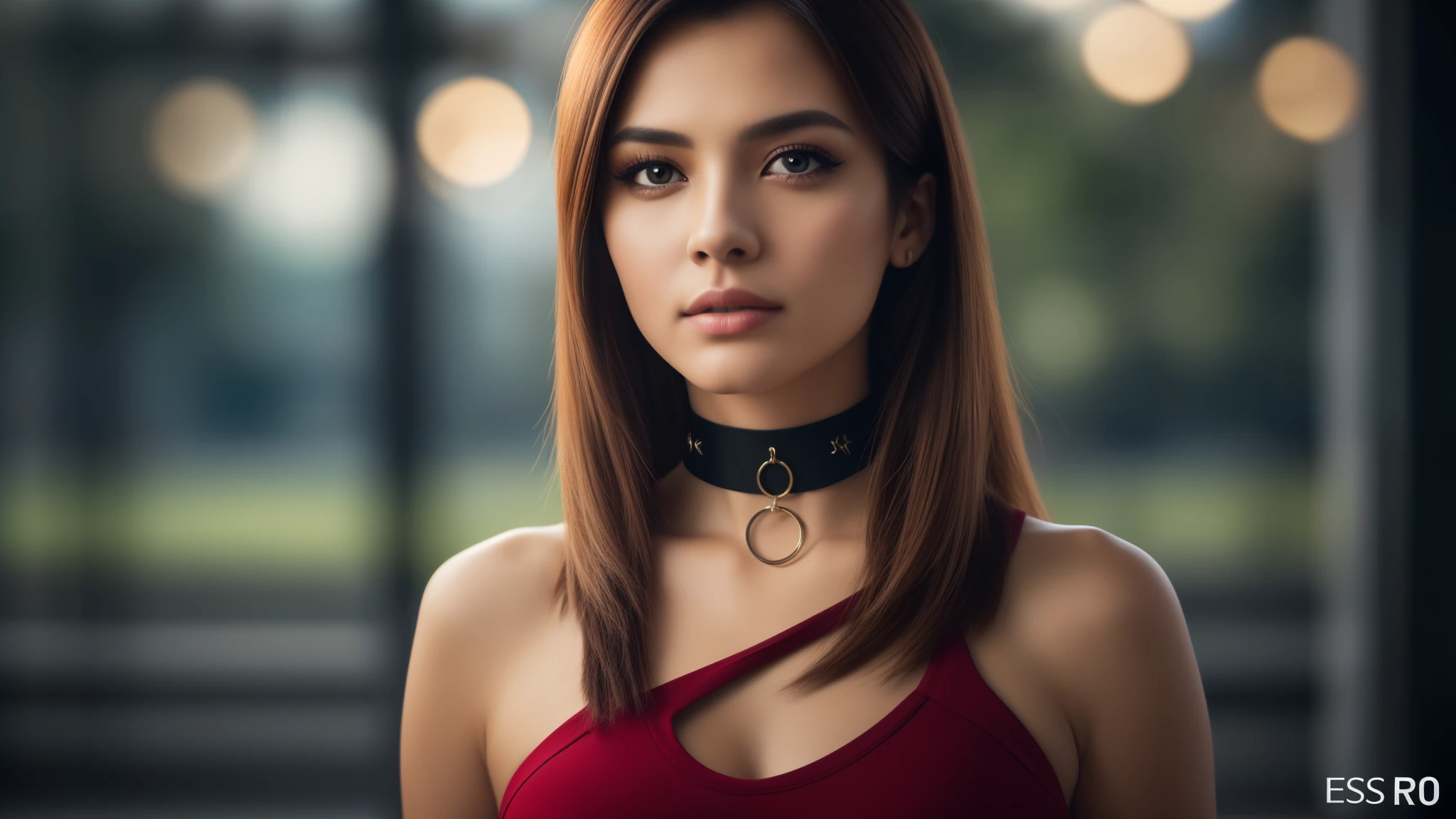 tmasterpiece,best qualtiy,hdr, hyper HD, 8K,Bokeh,Ultra-fine painting,Sharp focus,Physically-based rendering,Extreme detail description,portraitures,half-body photo,looking at viewer, choker, dark eyeshadow:1.3, (EOS R8, 50 millimeters, F1.2, 8K, RAW photo:1.2)
