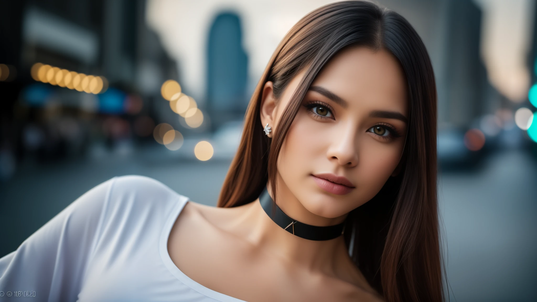 tmasterpiece,best qualtiy,hdr, hyper HD, 8K,Bokeh,Ultra-fine painting,Sharp focus,Physically-based rendering,Extreme detail description,portraitures,half-body photo，looking at viewer, choker, dark eyeshadow:1.3, (EOS R8, 50 millimeters, F1.2, 8K, RAW photo:1.2)