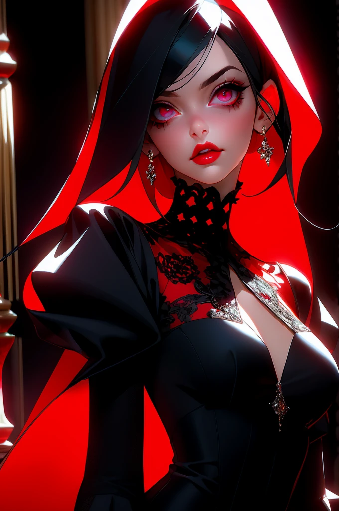 (mejor calidad, high resolution:1.2), ultra detallado, realista:1.37, gothic girl with beautiful eyes and detailed lips, dynamic pose, wearing red and black gothic fashion, in a gothic setting, con colores vivos, dramatic lighting, hdr, studio lighting, bokeh, capturing the essence of gothic fashion, detalles exquisitos en la tela, Sharp focus on intricate patterns, evoking a sense of dark romanticism, High definition resolution. ojos altamente detallados y hermosos.