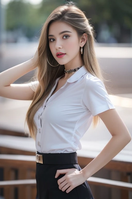 (8K,high resolution,Masterpiece, best quality, alone, complicated details, Chromatic aberration), realistic, ((Moderate breath)), hair in one eye,purple eyes, round hoop earrings, sharp eyes, Diamond-encrusted choker, (symmetrical eyes),(Perfect symmetrical body),Photo of a beautiful 21 year old teenage girl,(fit the body), ,Beautiful and charming with contemporary fashion paintings as well...., looking at the audience, ((In the background of a large classroom)), (black short skirt), ((The young woman wore a form-fitting white short-sleeved shirt., Unbuttoning the buttons, Revealing a little breast..)), ((A short black pencil skirt with a deep slit on the side..)), belt, ((Put your hands down.)),Blonde hair, Bob, long hair, Lateral smoothness,,copper blonde hair, sit, sharp eyeliner, Eye shadow blush with thick eyelashes, Very delicate and beautiful, round chin, Sharp focus, elegant,sitบนโต๊ะเรียน ยกขาข้างหนึ่งขึ้นให้อยู่ในระดับสายตา, The legs are slightly separated..,dynamic gesture,((Wear a blue-green short-sleeved lab coat. Sharp, long, butt level))