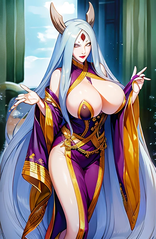masterpiece,best quality,Very detailed,Super detailed,extremely delicate and beautiful,masterpiece,1 Girl, Solitary,Kaguya,Mature female, Long hair, absurdly Long hair, The Third Eye,trumpet, Pale skin,White short eyebrows, Otsutsuki Kimono, Flowing hair, Looking at the audience, [[特写Cleavage]]]]Huge long saggy breasts, Cleavage, The chest is more exposed, walk, flip flops