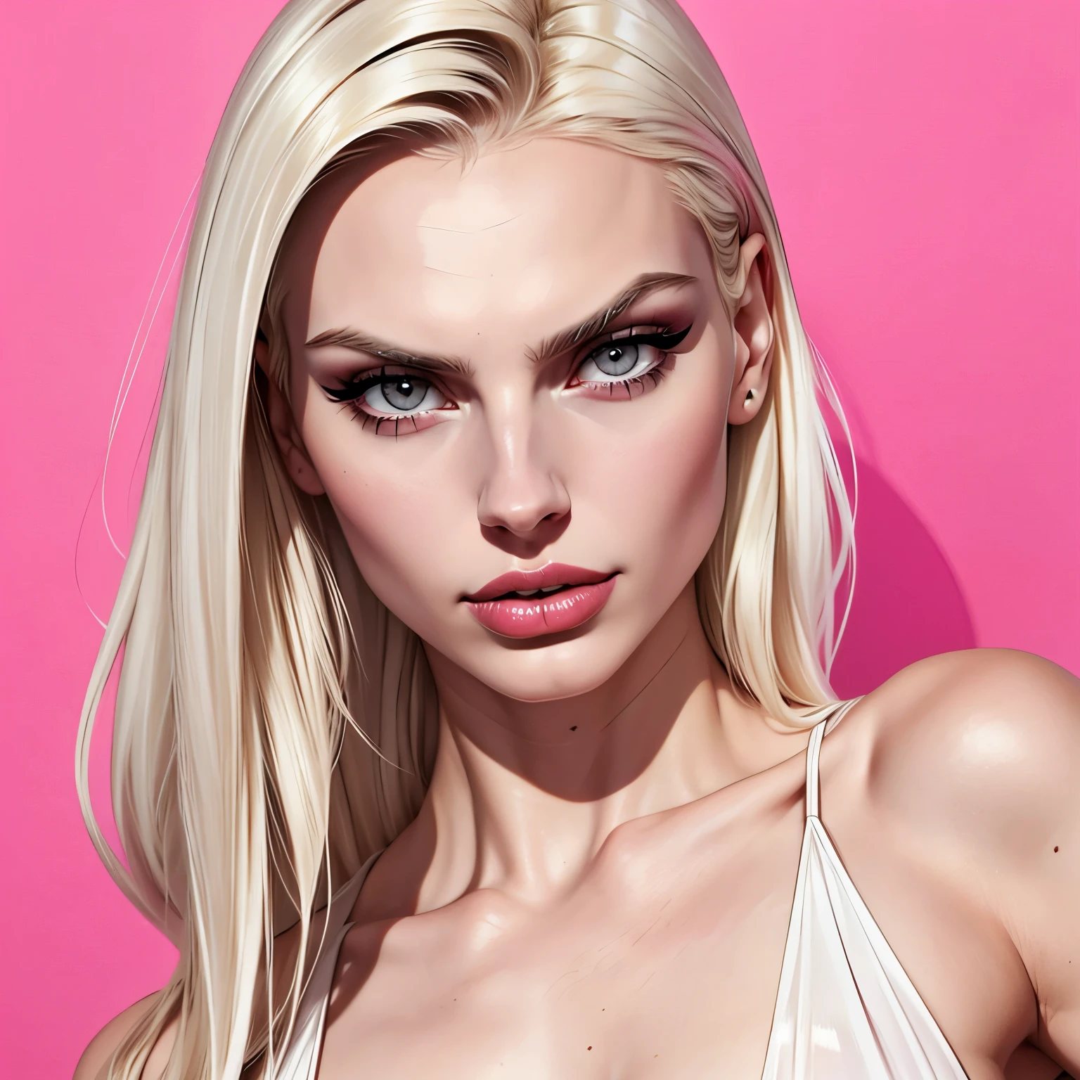andrej pejic, long blonde hair, gray eyes, sharp features, white skin, bimbo lips, pink lipstick, sexy look.