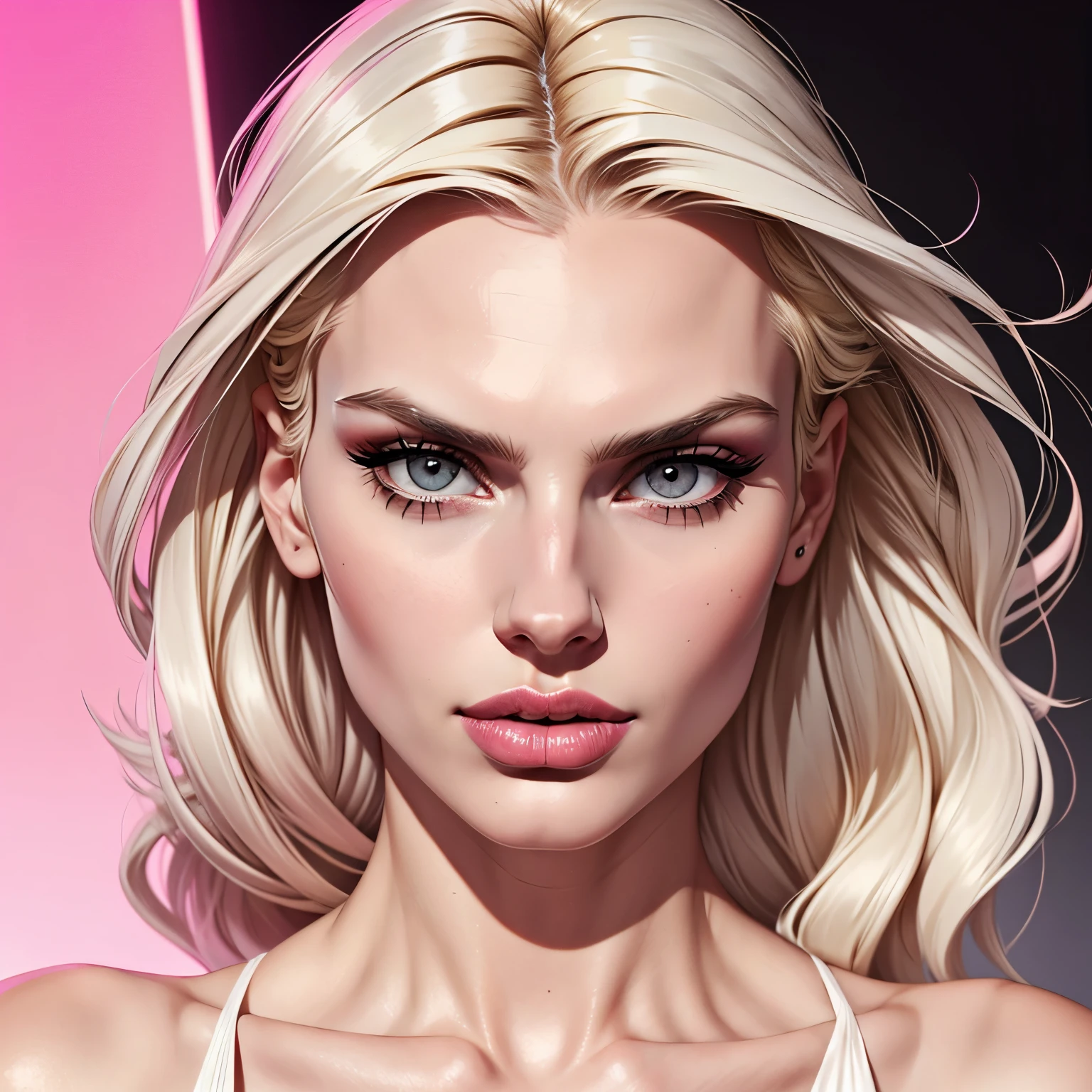 andrej pejic, long blonde hair, gray eyes, sharp features, white skin, bimbo lips, pink lipstick, sexy look.