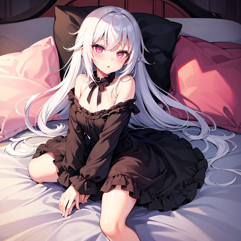 Super high quality, super high quality, super good, black and white hair, pink eyes, pouty lips, cute, futon, futon covered, bed, upturned eyes