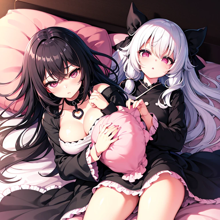 Super high quality, super high quality, super good, black and white hair, pink eyes, pouty lips, cute, futon, futon covered, bed, upturned eyes