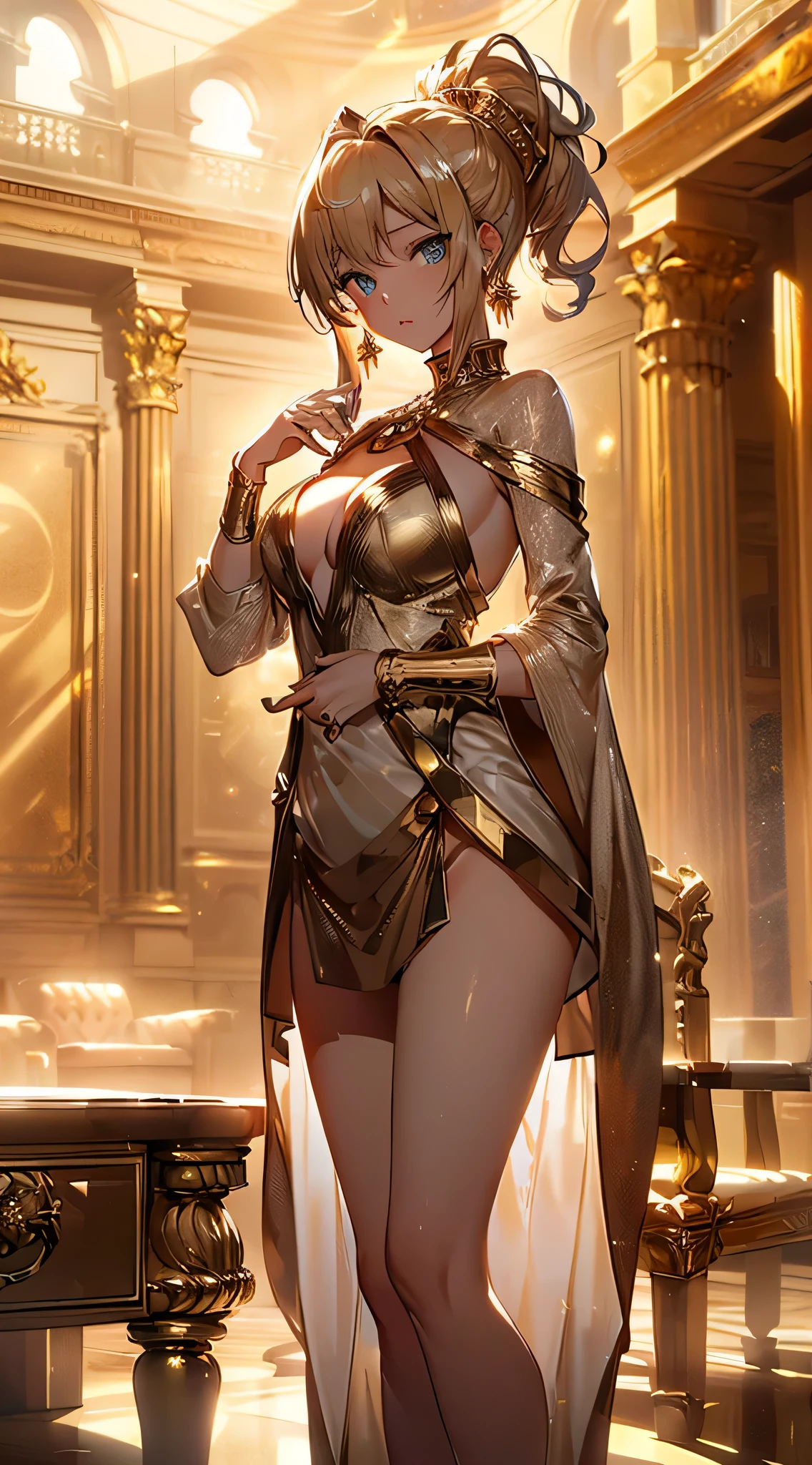 top-quality、Top image quality、​masterpiece、girl with((18year old、Gold underwear,Best Bust、Medium bust、Bust 85,Beautiful blue eyes、Breasts wide open,Sexy Gold Dress、Gold Miniskirt、Gold Earrings、Gold necklace、Gold Ring、Shining golden ponytail、Skirt flutters、uses magic)）hiquality、Beautiful Art、Background with(Shining meteors,kosmos、Gold Room、Gold Table、Gold Chair、Monitors、Gold Room、Gold Bookshelf、Golden Fallagic circle around)),masutepiece、Elaborate design、visualart、depth of fields、The best lighting、highestdetailed、Front Angle