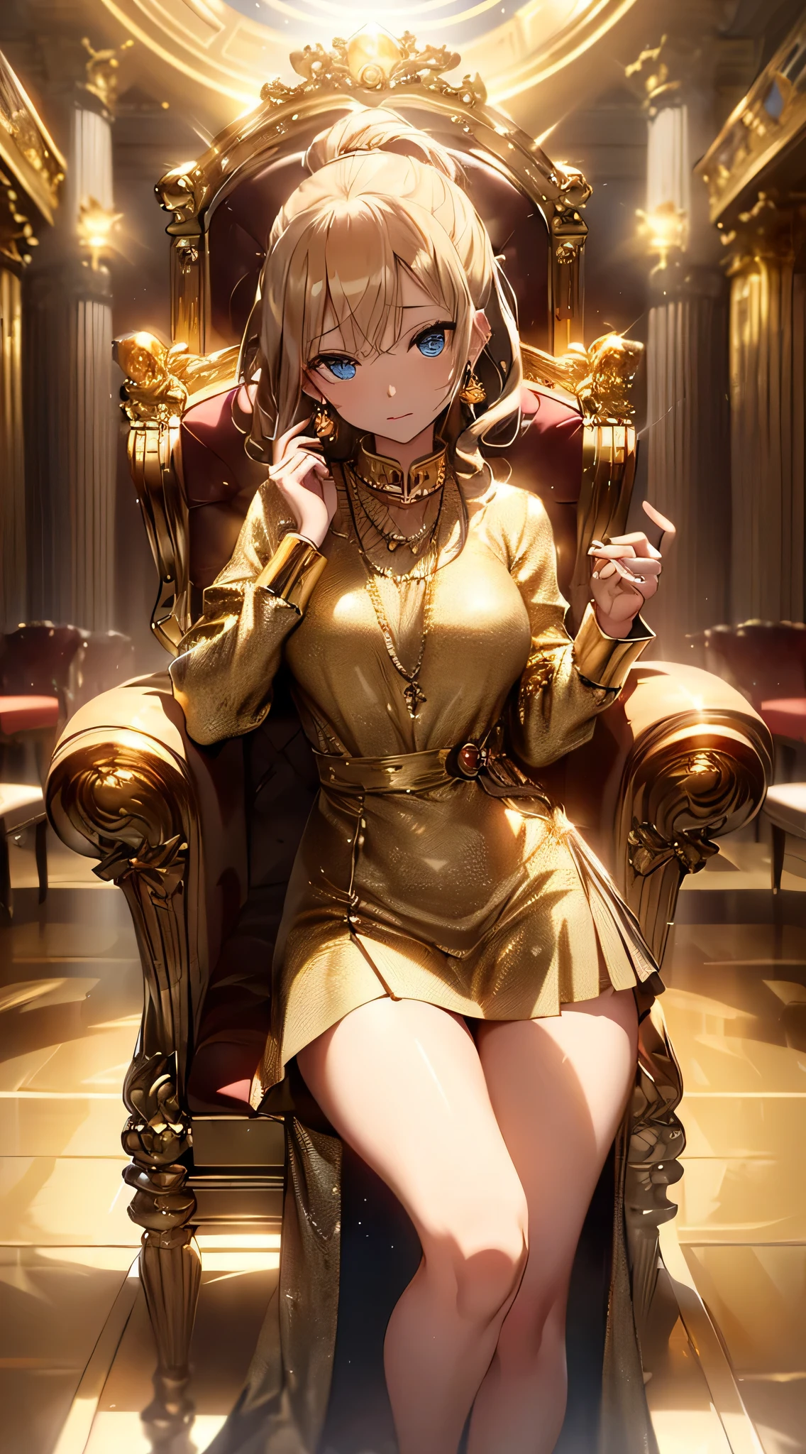 top-quality、Top image quality、​masterpiece、girl with((18year old、Gold underwear,Best Bust、Medium bust、Bust 85,Beautiful blue eyes、Breasts wide open,Sexy Gold Dress、Gold Miniskirt、Gold Earrings、Gold necklace、Gold Ring、Shining golden ponytail、Skirt flutters、uses magic)）hiquality、Beautiful Art、Background with(Shining meteors,kosmos、Gold Room、Gold Table、Gold Chair、Monitors、Gold Room、Gold Bookshelf、Golden Fallagic circle around)),masutepiece、Elaborate design、visualart、depth of fields、The best lighting、highestdetailed、Front Angle