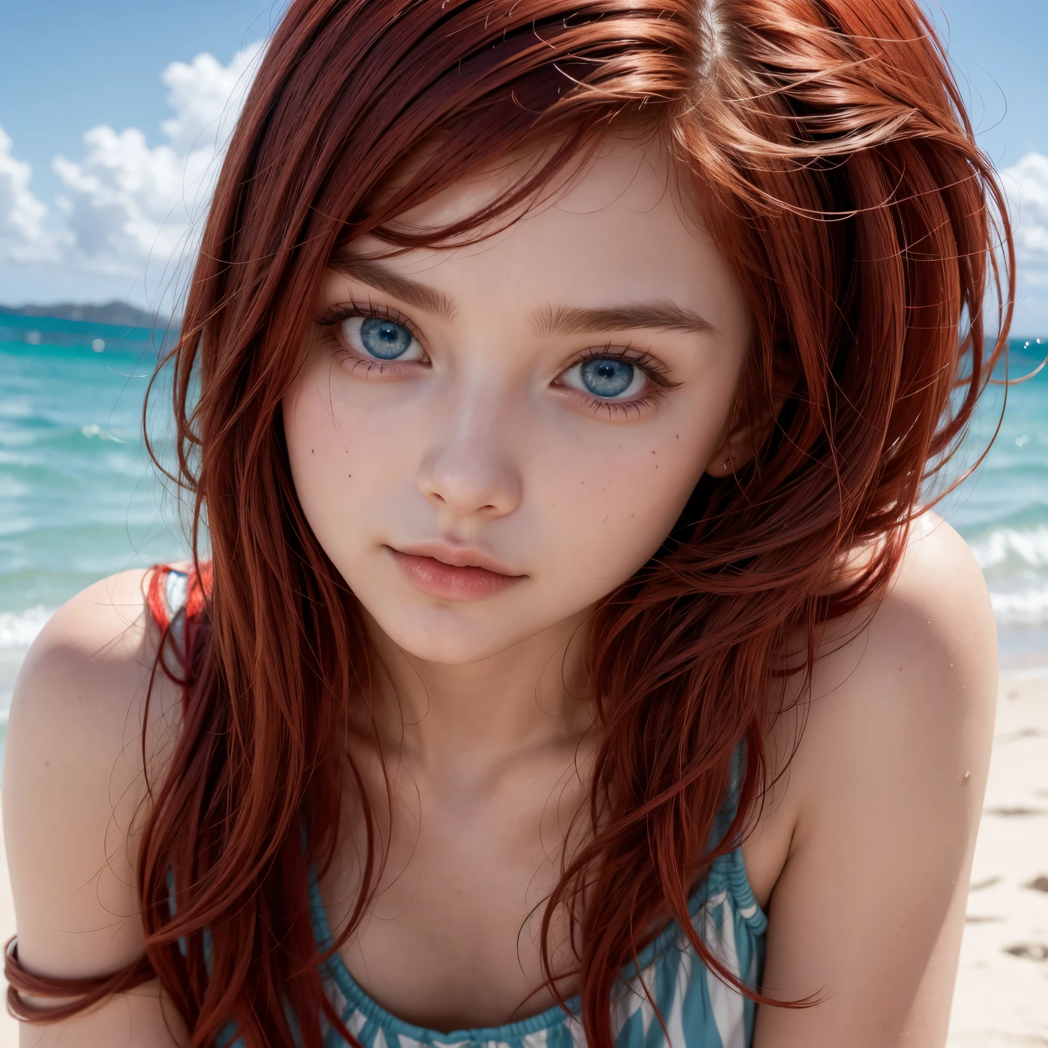 Hot girl, red hair, blue eyes, in the beach