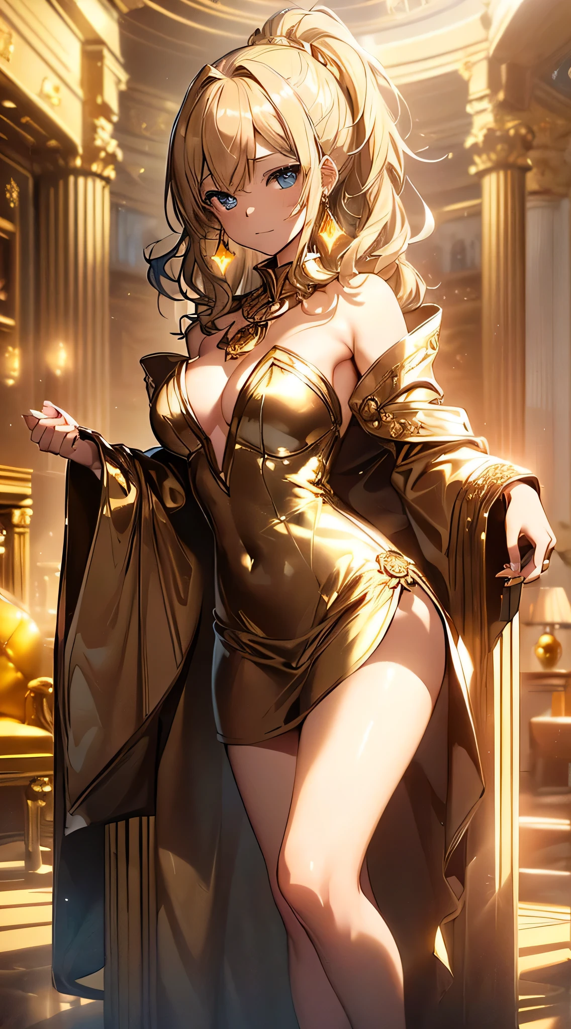 top-quality、Top image quality、masterpiece、girl with((18year old、Gold underwear,Best Bust、Medium bust、Bust 85,Beautiful blue eyes、Breasts wide open,Sexy Gold Dress、Gold Miniskirt、Gold Earrings、Gold necklace、Gold Ring、Shining golden ponytail、Skirt flutters、uses magic))hiquality、Beautiful Art、Background with(Shining meteors,kosmos、Gold Room、Gold Table、Gold Chair、Monitors、Gold Room、Gold Bookshelf、Golden Fallagic circle around)),masutepiece、Elaborate design、visualart、depth of fields、The best lighting、highestdetailed、Front Angle