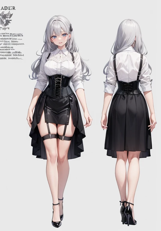silver hair,Long hair,Adult female,Bartender,((Body harness)),((Rolling up your sleeves shirt)),(Corset),(Tight skirt),Garter belt,High heels,((Simple background)),Smile,((Full body)),((whole body)),Character Sheet,