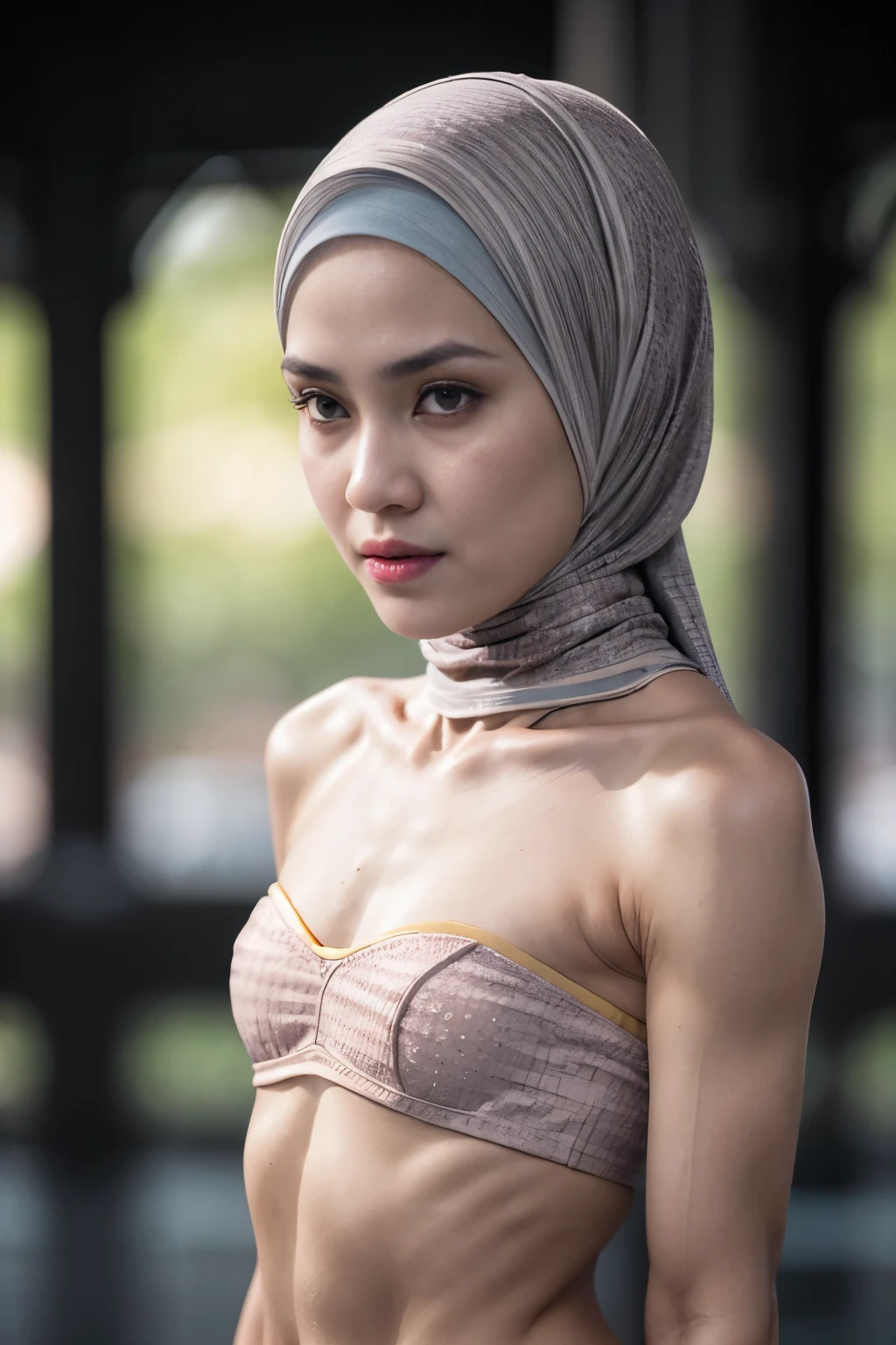 ((SHORT HIJAB)), ((Flat chest:1.7)), (dynamic photograph of a 58 year old Indonesian woman), (slim top, cotton panties), (straight non curly hair), (highly detailed face:1.4), (vascular muscles and abs:1.3), (background inside light, bright, private gym:1.1), (8k, uhd, dslr, high quality, cinematic lighting, bokeh), (dramatic, award winning photography, incredible masterpiece:1.3), (((sexy sultry stare at camera:0.8))), close up, ((she is ready to dominate you:0.5)), ((beautiful feminine face)) (she is a champion MMA fighter), add_detail:1, ((Wearing strapless pastel)) lace yellow fluorescence , from behind view, seductive pose, straddling , (((background a very dark night)))