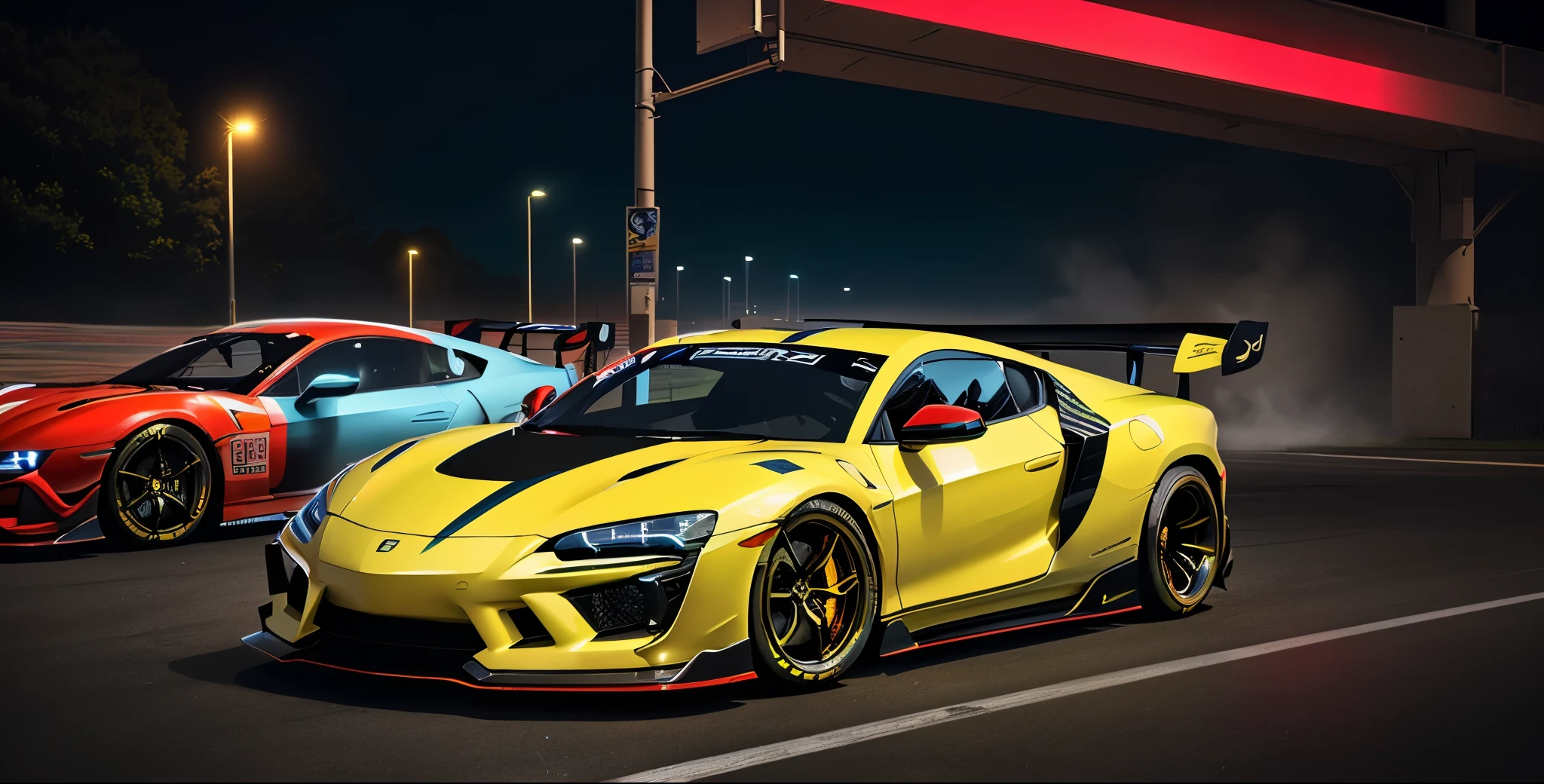 Angelic sports car, sharp, detailed car body ,ethereal art, detailed tires, fire scene, (masterpiece, best quality, ultra-detailed, 8K), race car, street racing-inspired, Drifting inspired, LED, ((Twin headlights)), (((Bright neon color racing stripes))), (Black racing wheels), Wheel spin showing motion, Show car in motion, Burnout, wide body kit, modified car, racing livery, masterpiece, best quality, realistic, ultra high res, (((depth of field))), (full dual color neon lights:1.2), (hard dual color lighting:1.4), (detailed background), (masterpiece:1.2), (ultra detailed), (best quality), intricate, comprehensive cinematic, magical photography, (gradients), glossy, Fast action style, fire out of tail pipes, Sideways drifting in to a turns, Neon galaxy metalic paint with race stripes, GTR Nismo, NSX, Porsche, Lamborghini, Ferrari, Bugatti, Ariel Atom, BMW, Audi, Mazda, Toyota supra, Lamborghini Aventador, aesthetic, intricate, realistic, cinematic lighting,
