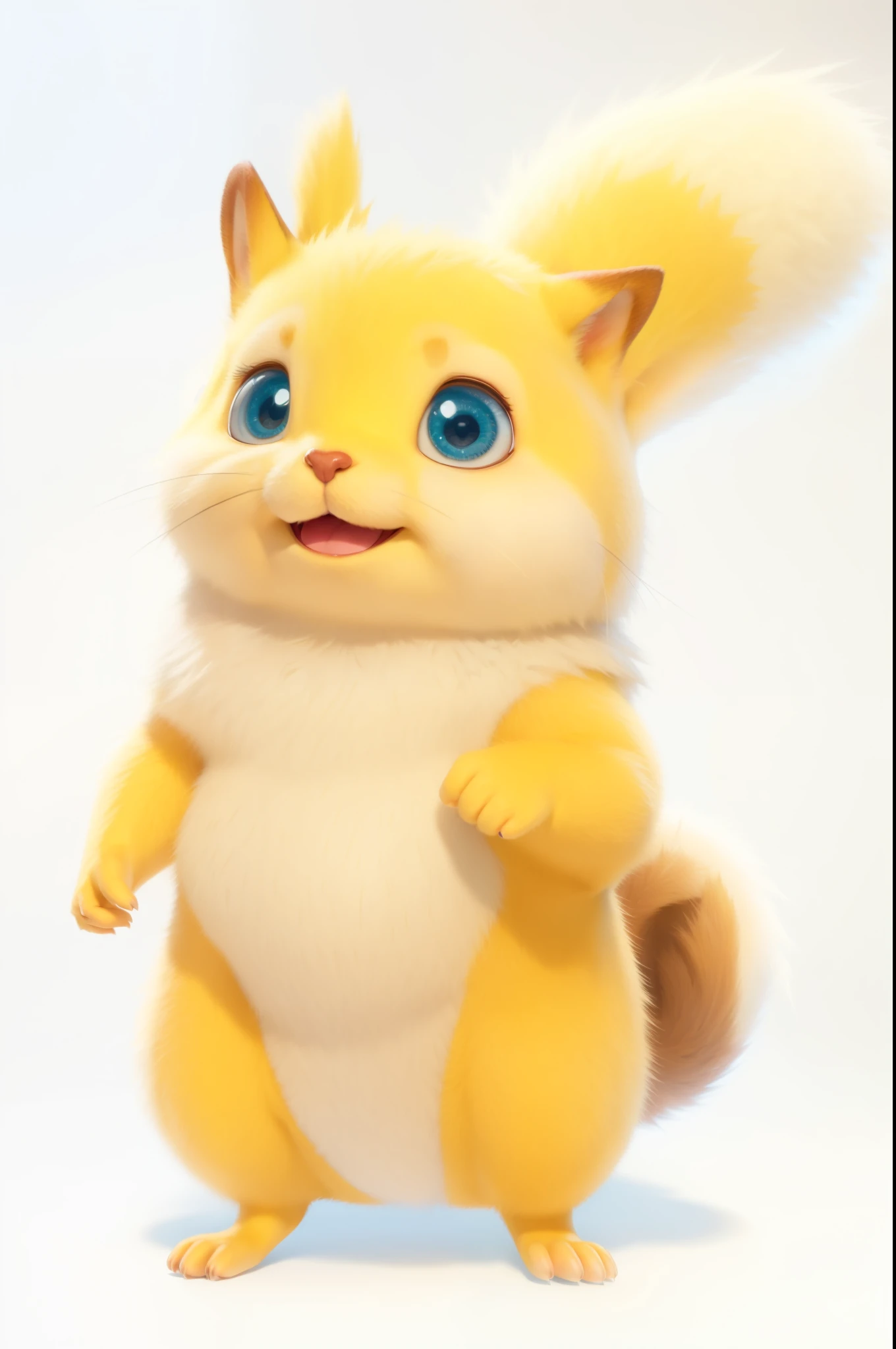 I'm smiling and dropping my hand、Cute Pixar-style boy squirrel character、Wow cute、Yellow and white fur、Fluffy white fur around the mouth、The fur is very fluffy、Bright Blue Eyes