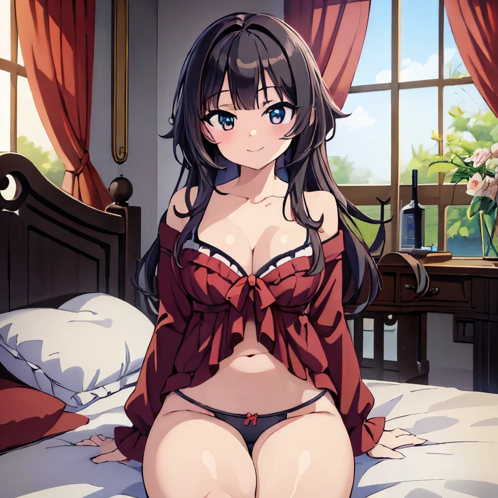 ((masterpiece)), ((best quality)), (ultra-detailed), anime style, on the bed, a cute girl, 1girl, solo, ((beautiful eyes)), smile, beautiful black hair, underwear00