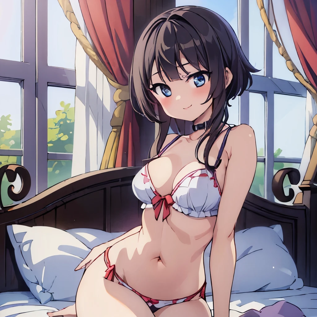 ((masterpiece)), ((best quality)), (ultra-detailed), anime style, on the bed, a cute girl, 1girl, solo, ((beautiful eyes)), smile, beautiful black hair, underwear00
