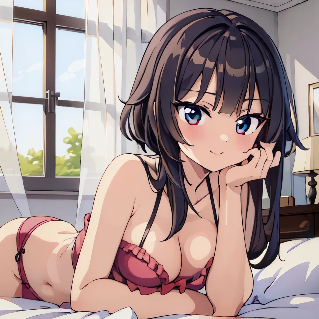 ((masterpiece)), ((best quality)), (ultra-detailed), anime style, on the bed, a cute girl, 1girl, solo, ((beautiful eyes)), smile, beautiful black hair, underwear00