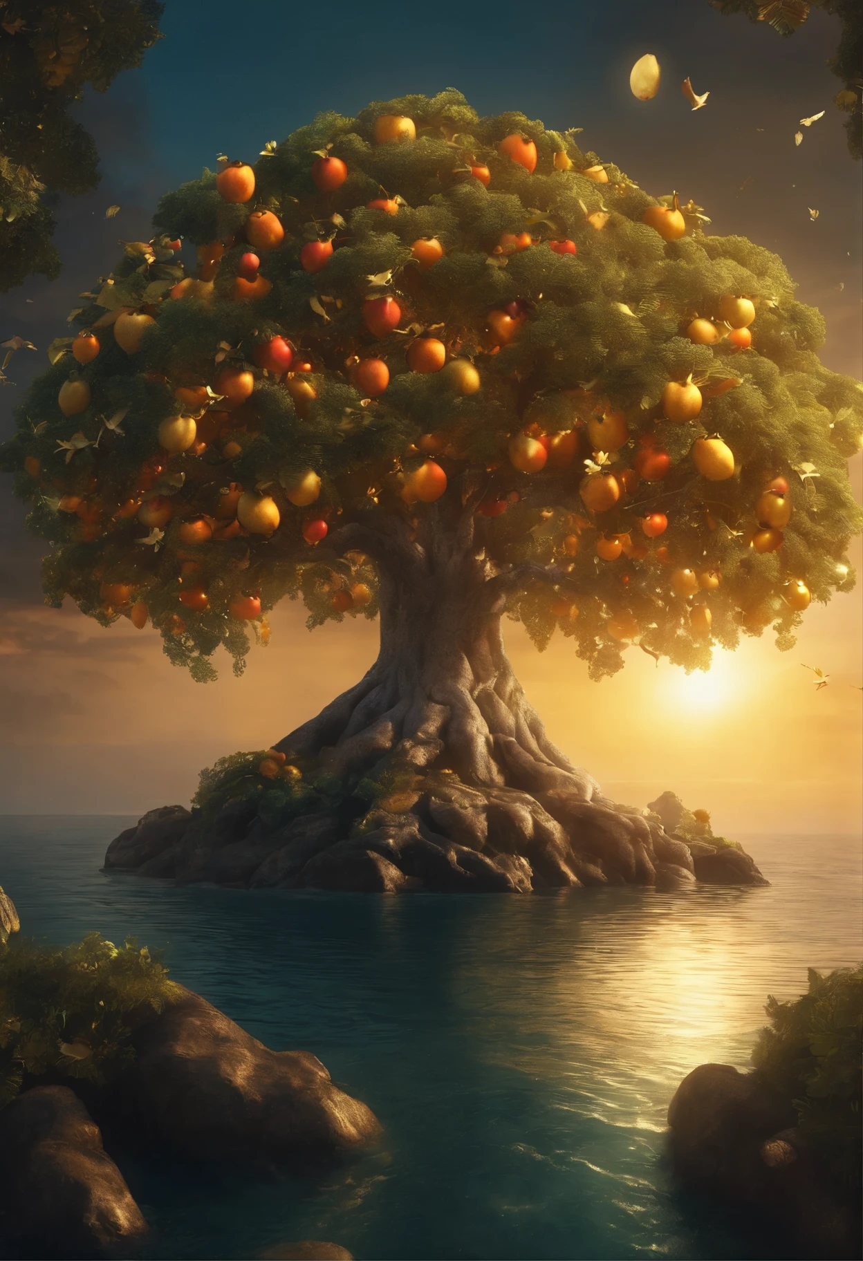 a large tree full of shiny fruits isolated on an island in the high seas surrounded by warrior angels with shining gold and silver wings floating