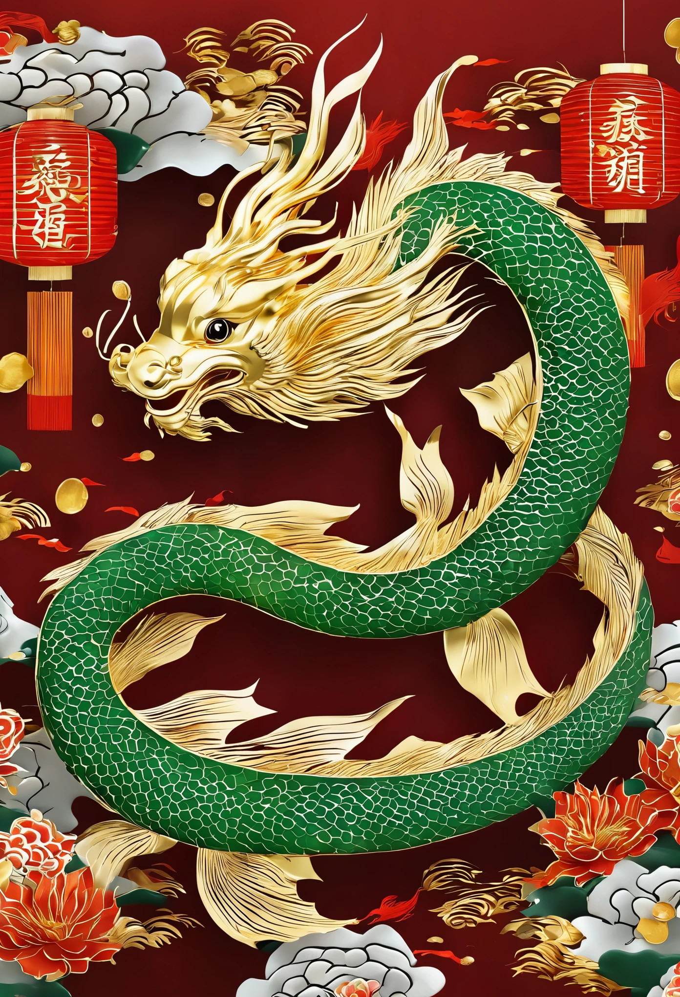 Koi carps surround a lovely jade Chinese dragon, （（（Eyes are bright）））（（（Gold Coins Gold Ingot Background））），Contrast with red background。 The whole design is full of the festive atmosphere of the New Year.（（Lanterns or Chinese characters with auspicious meanings，For example, &References;blessing&References;、&References;spring&References;、&References;wealth&References; ETC.。））（（（masterpiece）））， （（best quality））， （（Intricate details））（8k）