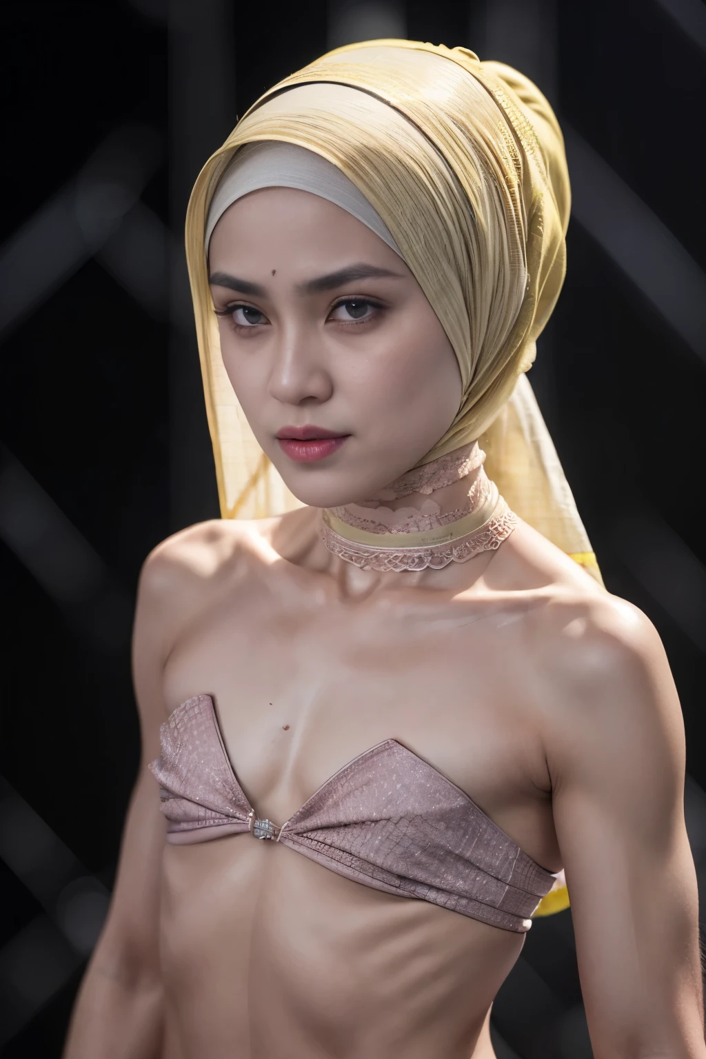 ((SHORT HIJAB)), ((Flat chest:1.7)), (dynamic photograph of a 58 year old Indonesian woman), (slim top, cotton panties), (straight non curly hair), (highly detailed face:1.4), (vascular muscles and abs:1.3), (background inside light, bright, private gym:1.1), (8k, uhd, dslr, high quality, cinematic lighting, bokeh), (dramatic, award winning photography, incredible masterpiece:1.3), (((sexy sultry stare at camera:0.8))), close up, ((she is ready to dominate you:0.5)), ((beautiful feminine face)) (she is a champion MMA fighter), add_detail:1, ((Wearing strapless pastel)) lace yellow fluorescence , from behind view, seductive pose, straddling , (((background a very dark night)))