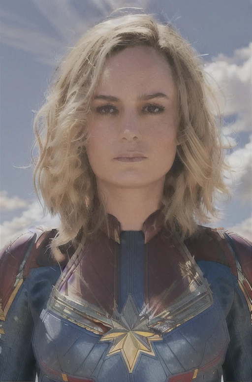 brie larson, medium hair, full body portrait, wearing captain marvel outfit, sexy, cleavage, breasts showing
