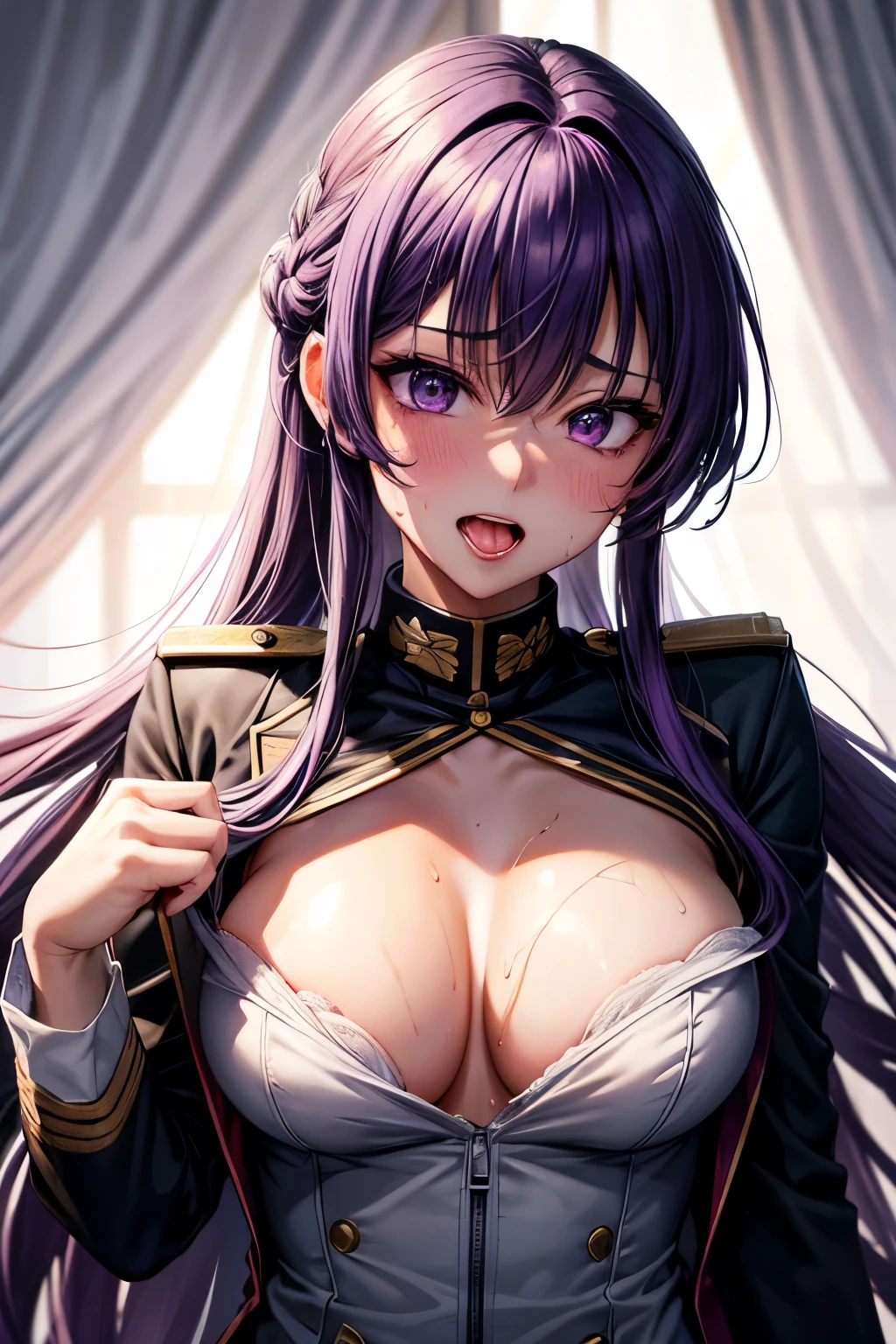 Women, Military uniform, Anime characters, 2D character, erotic, Military Officer, sexy, 30 years old, Sweating, purple hair, Military general, The clothes are see-through, purple eyes, Her chest is slightly visible, White officer's uniform, Sweaty, high resolution, 4k, Body exposure, Feeling embarrassed, sweating, Sticking out her tongue sexily, Open mouth, ahegao, ahe, Exposed Skin, Cross-eyed and with the whites of the eyes