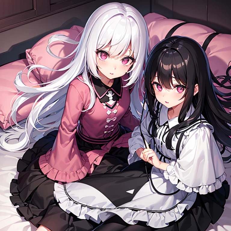Super high quality, super high quality, super good, two-tone black and white hair, pink eyes, pursed lips, cute, futon, covered with a futon, wrapped in a futon, hiding under a futon, bed, upturned eyes