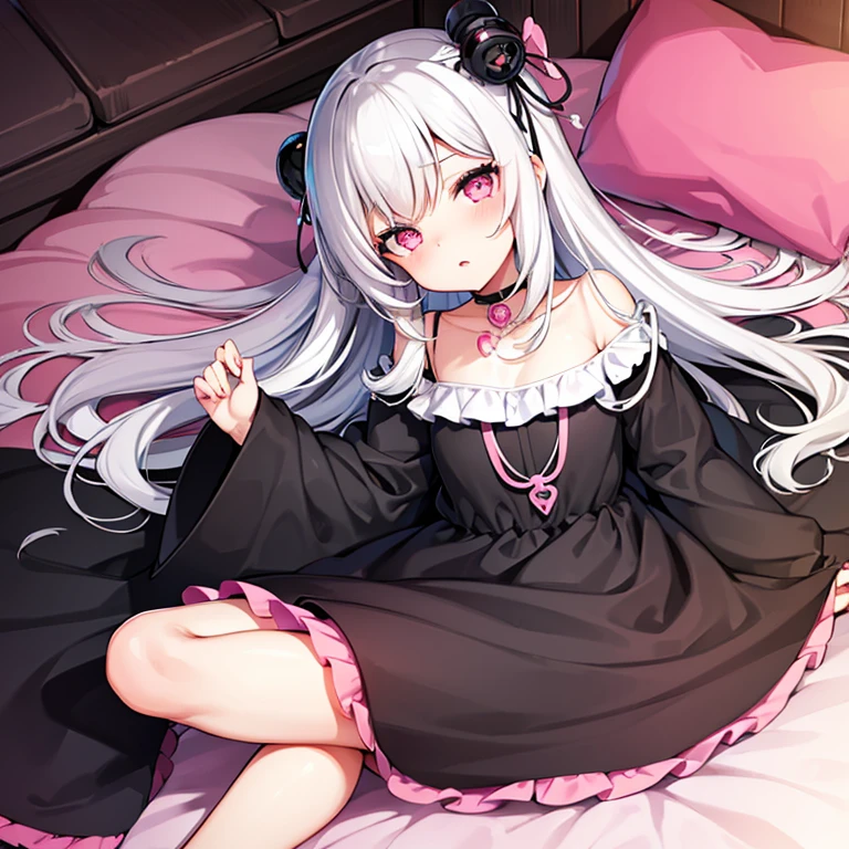 Super high quality, super high quality, super good, two-tone black and white hair, pink eyes, pursed lips, cute, futon, covered with a futon, wrapped in a futon, hiding under a futon, bed, upturned eyes