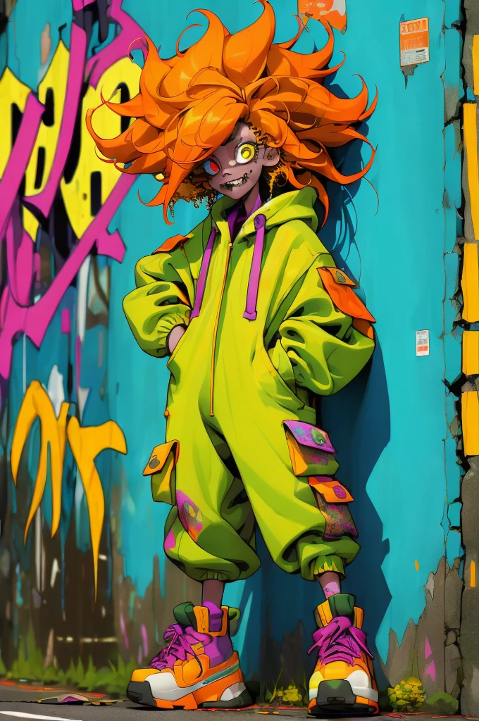 ((long shot, full body: 1.6)), purple: 1.5, orange: 1.1, green: 1.3, White: 1.3, yellow: 1.3, (rapper girl with scary hair, highly detailed eyes and body and beautiful baggy and baggy clothes :1.6), tattoos, (walls with Graffiti: 1.2), flower, Leaves, born in the mist, lines, leaning on the wall with a spray paint in her hand, action pose, 32K.