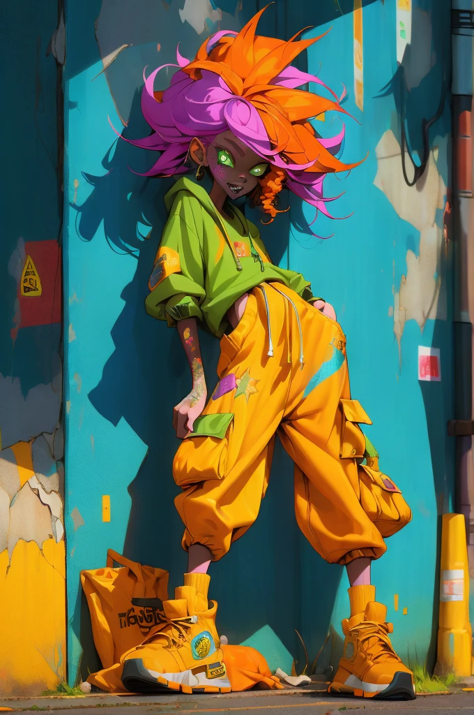 ((long shot, full body: 1.6)), purple: 1.5, orange: 1.1, green: 1.3, White: 1.3, yellow: 1.3, (rapper girl with scary hair, highly detailed eyes and body and beautiful baggy and baggy clothes :1.6), tattoos, (walls with Graffiti: 1.2), flower, Leaves, born in the mist, lines, leaning on the wall with a spray paint in her hand, action pose, 32K.