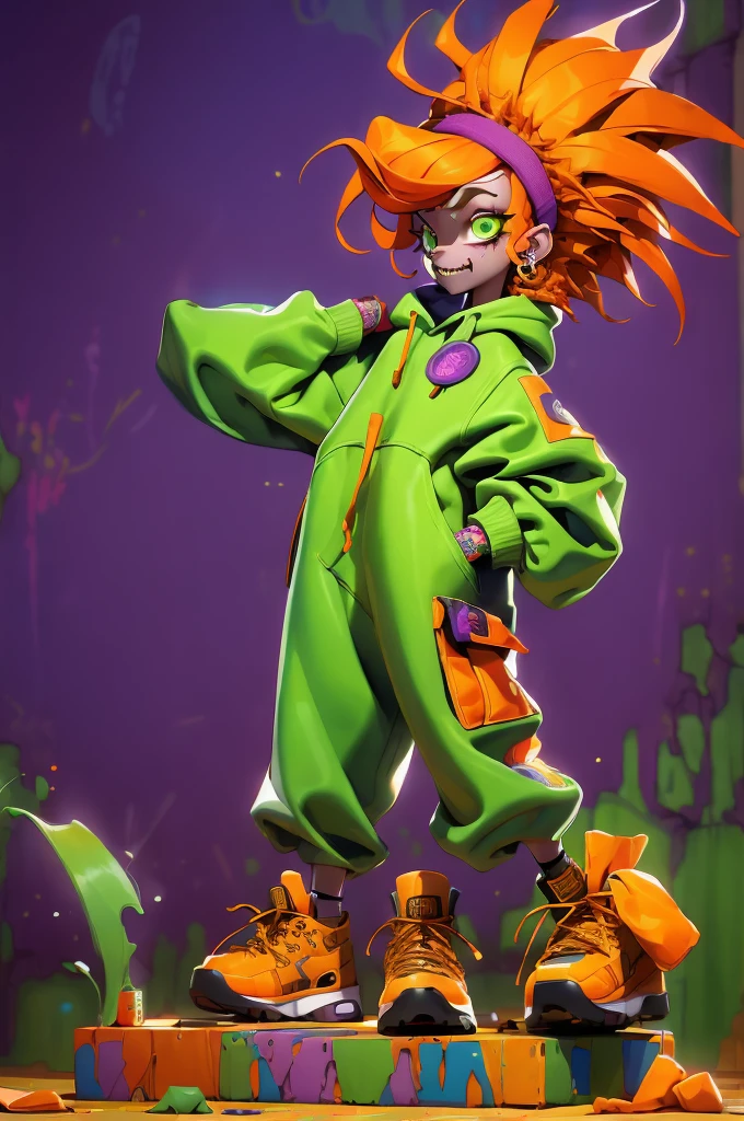 ((long shot, full body: 1.6)), purple: 1.5, orange: 1.1, green: 1.3, White: 1.3, yellow: 1.3, (rapper girl with scary hair, highly detailed eyes and body and beautiful baggy and baggy clothes :1.6), tattoos, (walls with Graffiti: 1.2), flower, Leaves, born in the mist, lines, leaning on the wall with a spray paint in her hand, action pose, 32K.