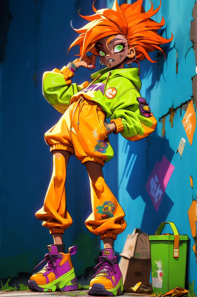 ((long shot, full body: 1.6)), purple: 1.5, orange: 1.1, green: 1.3, White: 1.3, yellow: 1.3, (rapper girl with scary hair, highly detailed eyes and body and beautiful baggy and baggy clothes :1.6), tattoos, (walls with Graffiti: 1.2), flower, Leaves, born in the mist, lines, leaning on the wall with a spray paint in her hand, action pose, 32K.