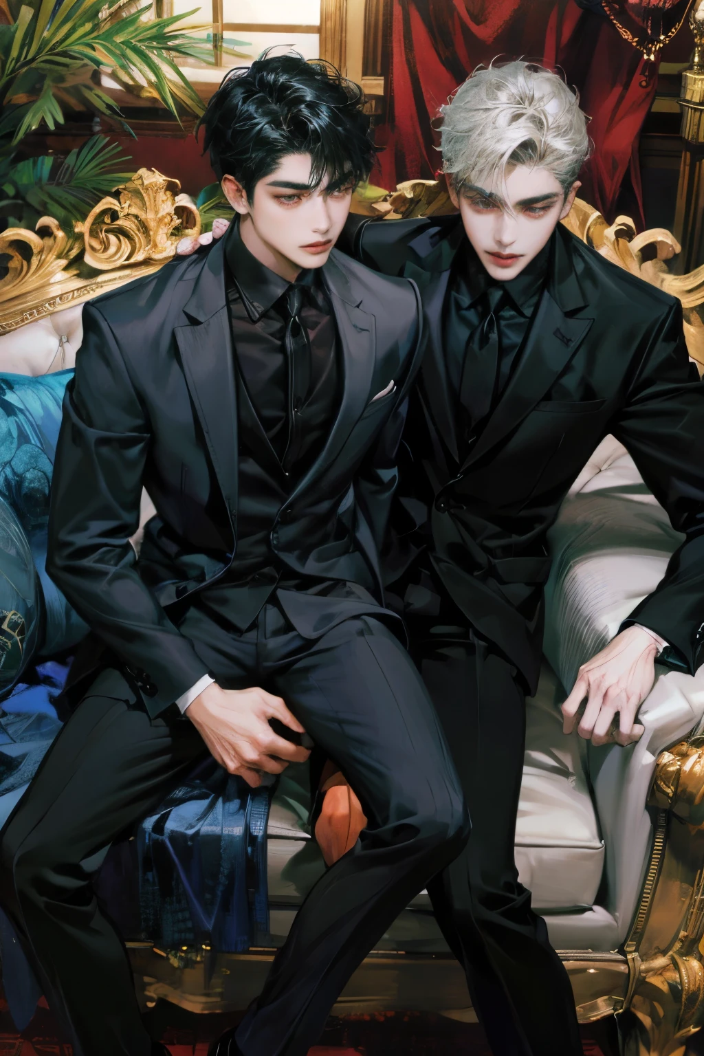 Two adult Asian men sitting on a sofa, clad in black suits. The unruly one, with unkempt black hair