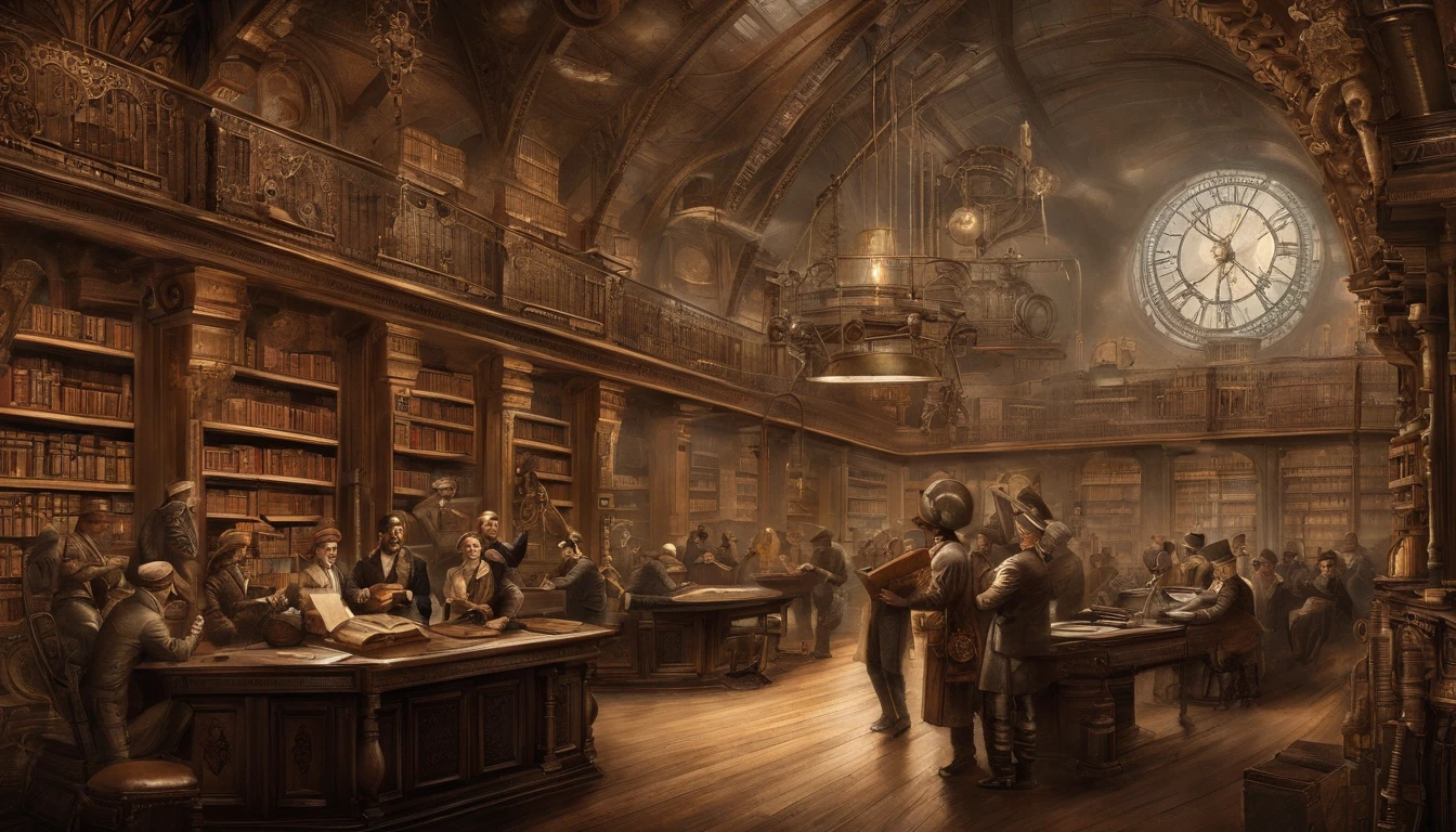 People studying in a huge library, turbans on heads, books in hands, vintage
